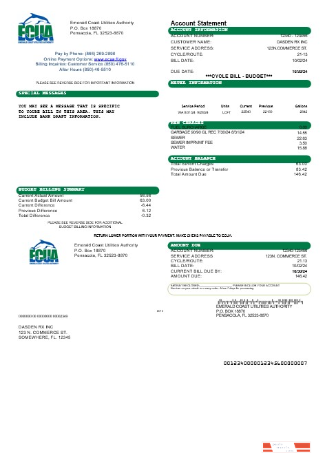 USA ECUA business utility bill template in Word and PDF formats